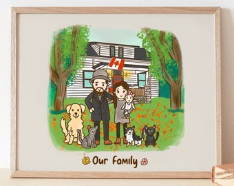 Custom Family Portrait with a House, Perfect First first home gift for a cute family with dogs, pets and cats.