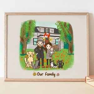 Custom Family Portrait with a House, Perfect First first home gift for a cute family with dogs, pets and cats.