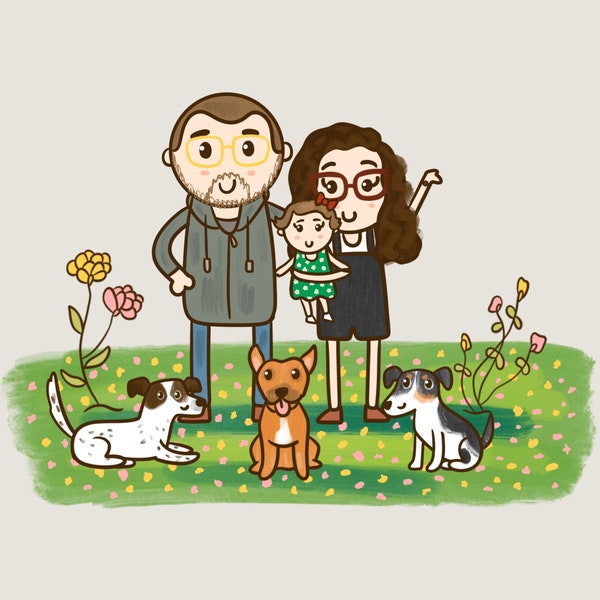 Family Portrait illustration with pets, Cute Custom Cartoon Drawing, Gift For Mom, personalized gift, couple portrait, portrait from photo