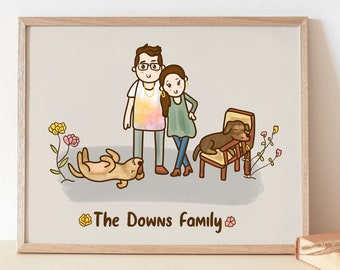 Custom cute couples portrait cartoon drawing with pets and dogs sleeping