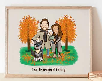 Custom Family Portrait illustration with Husky pet and baby with an autumn orange leave background