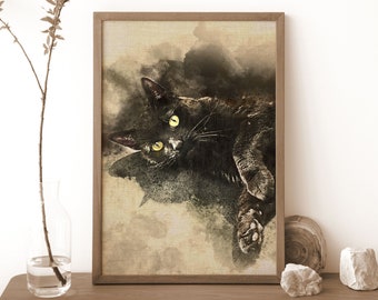 Custom Cat Memorial on canvas or Framed, Digital Black cat portrait, cat lover gift, Personalized Gift, digital  painting, pet illustration