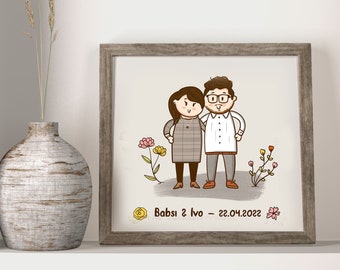 Couples Portrait illustration, Cute Custom Cartoon Drawing with pets, Gift For Mom, personalized gift, couple portrait, portrait from photo