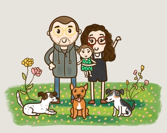 Family Portrait illustration with pets, Cute Custom Cartoon Drawing, Gift For Mom, personalized gift, couple portrait, portrait from photo