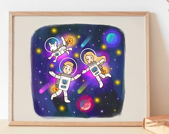 Portrait de famille personnalisé dans l’espace avec des vêtements d’astronaute volant de l’espace avec une illustration de fond de planètes, galaxies et étoiles