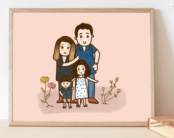 Illustration de portrait de famille personnalisée Dessin avec des enfants avec des fleurs et un fond rose