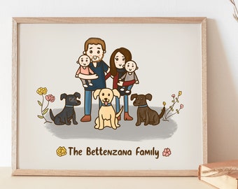 Custom Family Cartoon illustration with pets, babies  and dogs with a minimal flower background with cute labrador retrievers