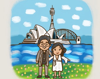 Custom family illustration in Sidney , perfect vacation gift idea, map illustration of city