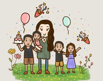 Custom birthday family portrait illustration