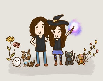 Custom couples illustration for geek boyfriend or witchy girlfriend with pets