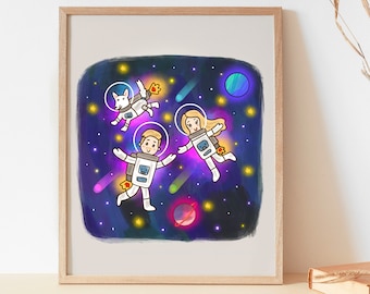 Portrait de famille personnalisé dans l’espace avec des vêtements d’astronaute volant de l’espace avec une illustration de fond de planètes, galaxies et étoiles