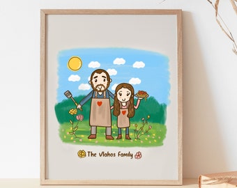 Custom couples portrait cartoon for cooking lovers and a nature background with mountains and flowers