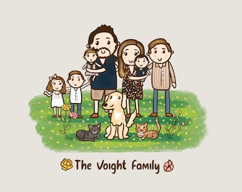 Family Portrait illustration with pets, Cute Custom Cartoon Drawing, Gift For Mom, personalized gift, couple portrait, portrait from photo