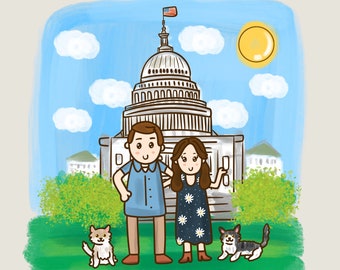 Custom Family Portrait Drawing Cartoon with american flag and cats, perfect gift for a patriotic couple.