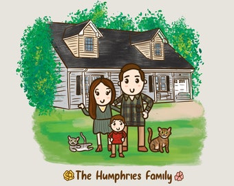 Dessin d'illustration de famille personnalisé et portrait de maison parfait pour le premier cadeau à la maison, commission d'art des chats