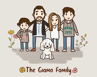 Cute custom family portrait illustration with dog and flowers, perfect gift for mom