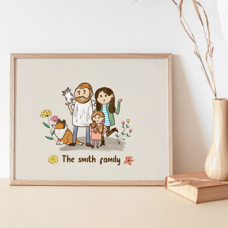 Family Portrait illustration with pets Cute Custom Cartoon image 1