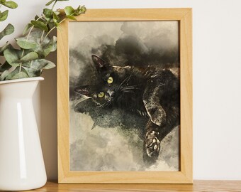 Custom Cat Memorial on canvas or Framed, Digital Black cat portrait, cat lover gift, Personalized Gift, digital  painting, pet illustration