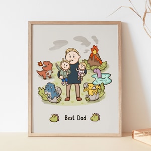 Custom Family Portrait Cartoon illustration for Dad with dinosaurs, Personalized Nursery Decor Drawing, Father's day Gift Idea image 3