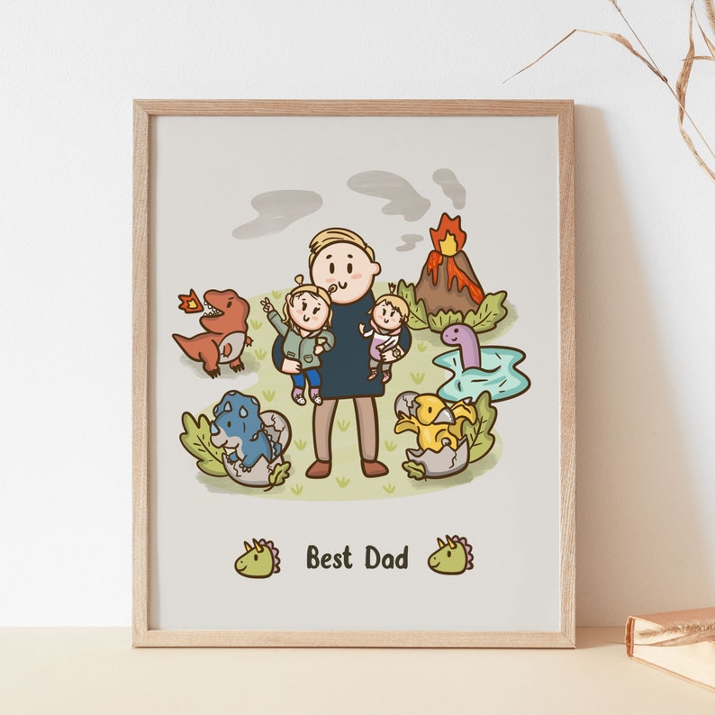 Custom Family Portrait Cartoon illustration for Dad with dinosaurs, Personalized Nursery Decor Drawing, Father's day Gift Idea image 3