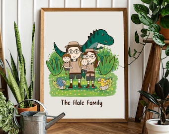 Custom digital Personalized Family Portrait Illustration with Dinosaurs