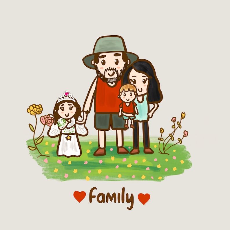 Cute Custom Cartoon Drawing, Family Portrait illustration, personalized gift, couple portrait, portrait from photo image 1