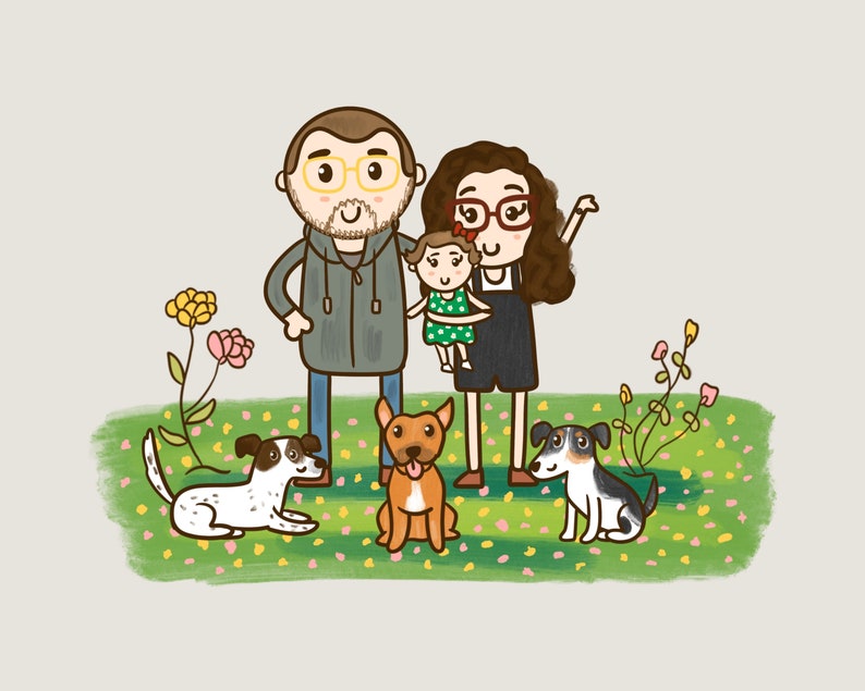 Family Portrait illustration with pets, Cute Custom Cartoon Drawing, Gift For Mom, personalized gift, couple portrait, portrait from photo image 1