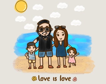 Personalized cartoon family portrait in the beach