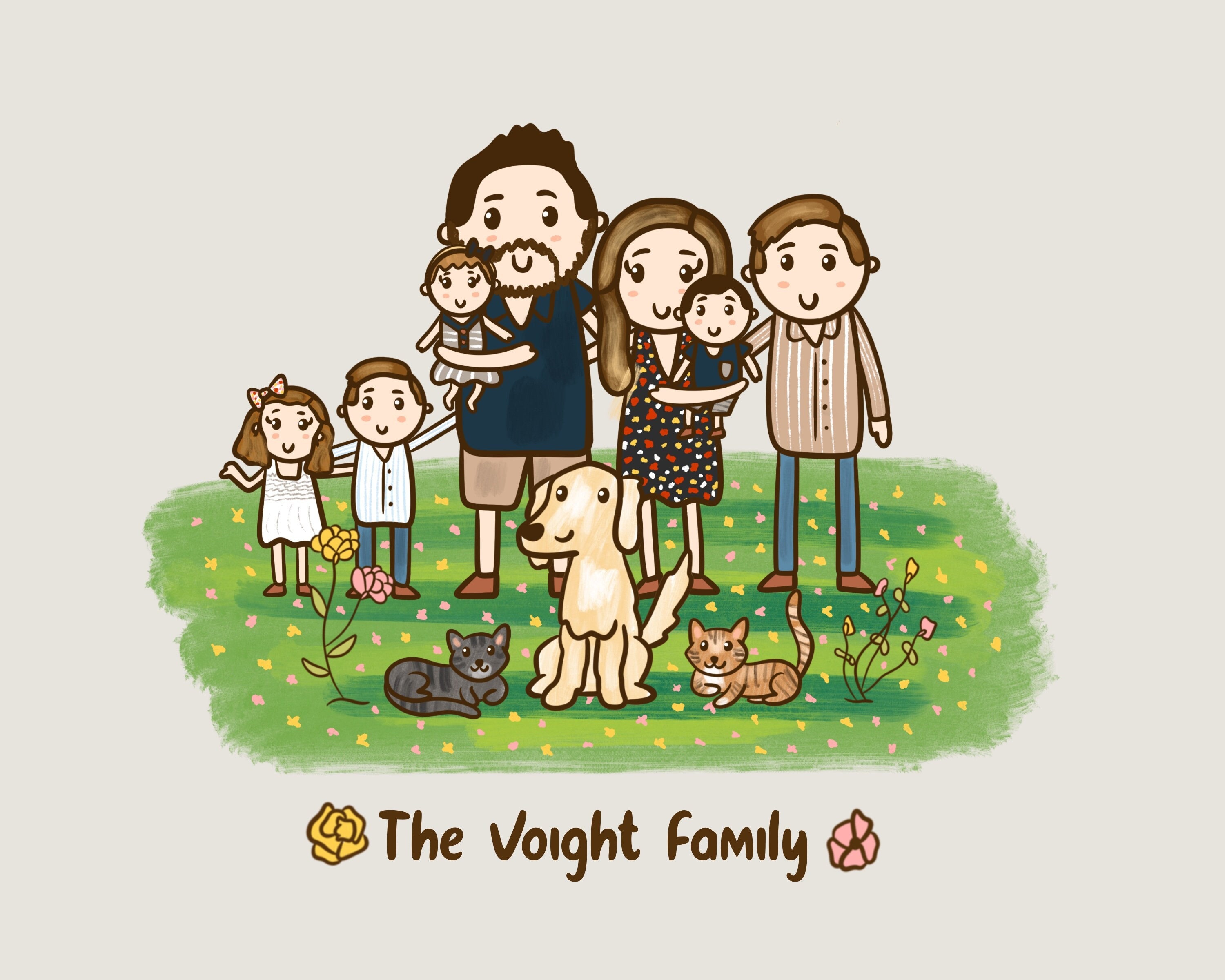 【2024新春福袋】 Illustration Portrait Family With Cartoon Custom Cute Pets, 絵画