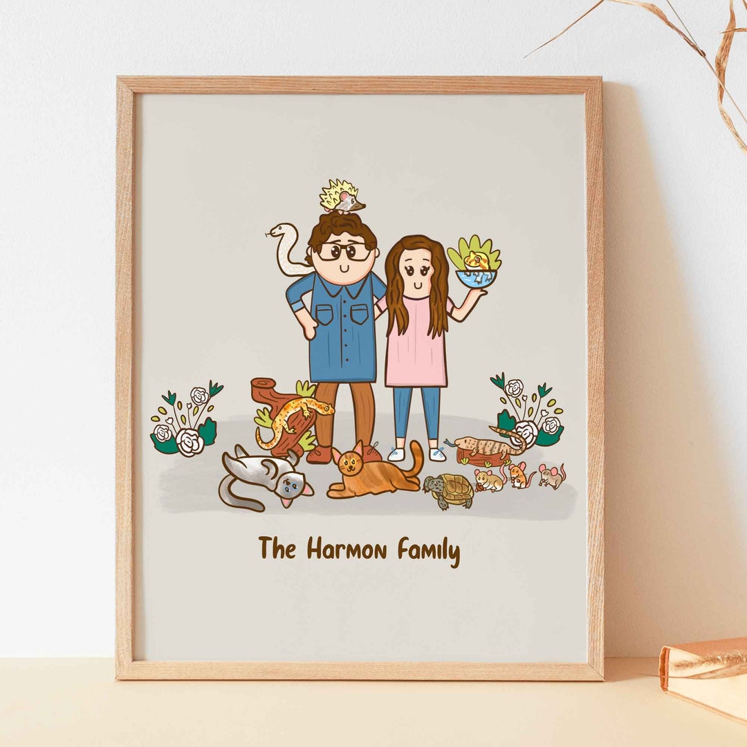 Family Portrait Illustration With Pets, Cute Custom Cartoon