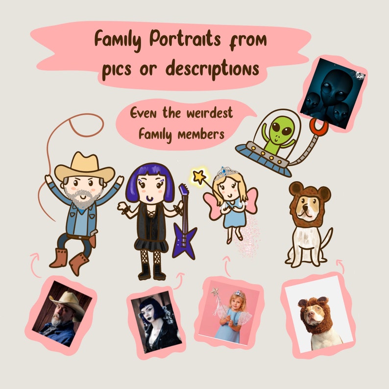 Illustration de portrait de famille avec animaux de compagnie, dessin animé personnalisé mignon, cadeau pour maman, cadeau personnalisé, portrait de couple, portrait à partir d'une photo image 2