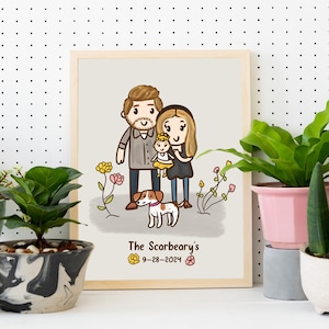 Family Portrait illustration with pets, Cute Custom Cartoon Drawing, Gift For Mom, personalized gift, couple portrait, portrait from photo image 8