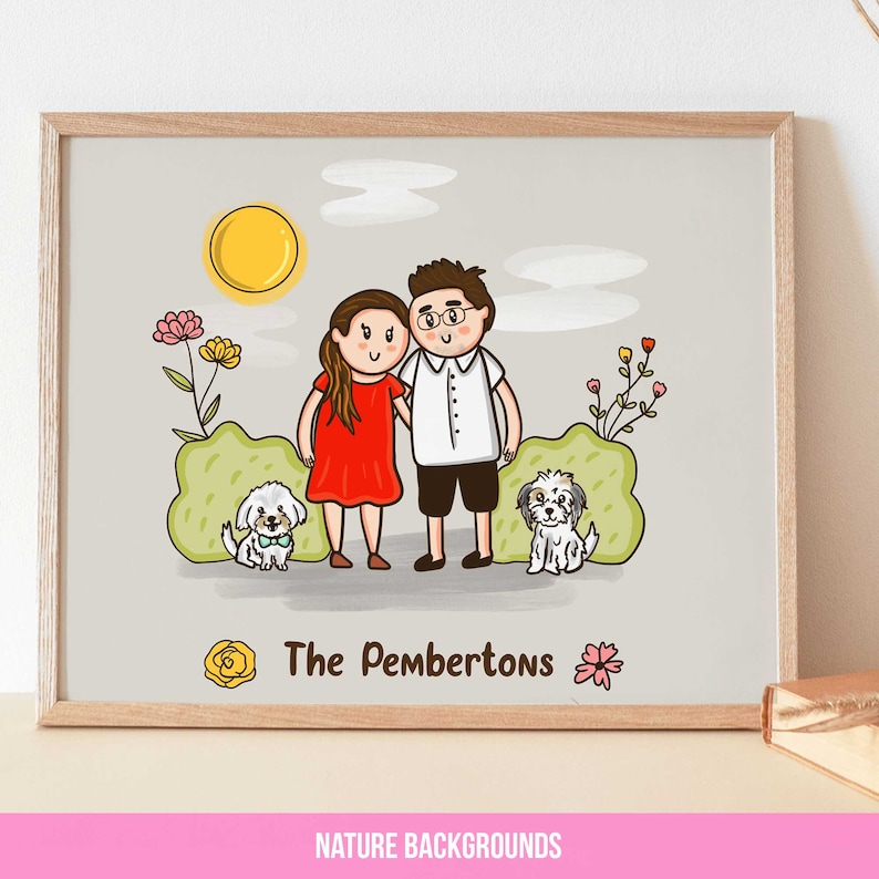 Illustration de portrait de famille avec animaux de compagnie, dessin animé personnalisé mignon, cadeau pour maman, cadeau personnalisé, portrait de couple, portrait à partir d'une photo image 5