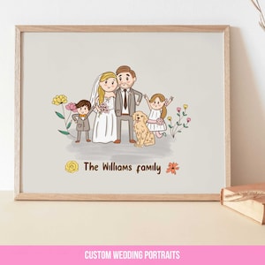 Illustration de portrait de famille avec animaux de compagnie, dessin animé personnalisé mignon, cadeau pour maman, cadeau personnalisé, portrait de couple, portrait à partir d'une photo image 3