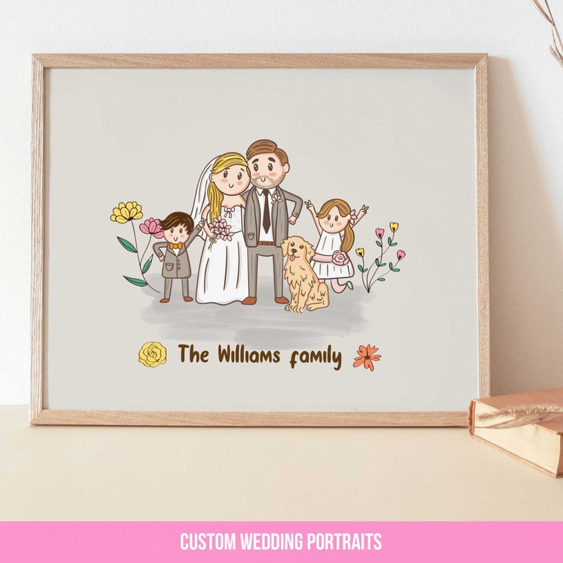 Family Portrait illustration with pets, Cute Custom Cartoon Drawing, Gift For Mom, personalized gift, couple portrait, portrait from photo image 4