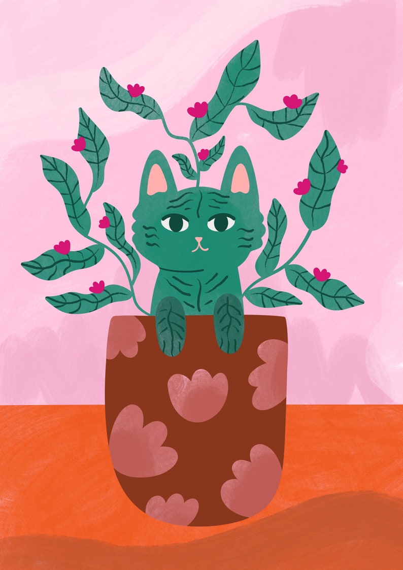 Funny and cute cat plant art print image 1