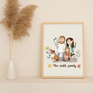 Custom digital Personalized Family Portrait Illustration with Pets image 3