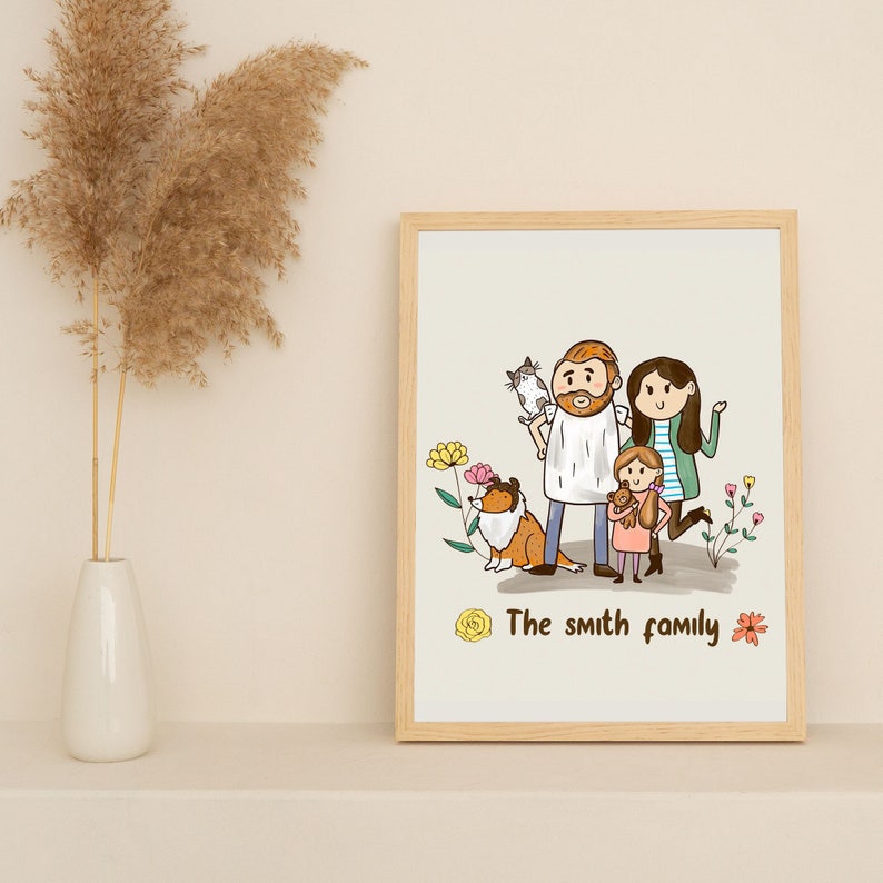 Custom digital Personalized Family Portrait Illustration with Pets image 3