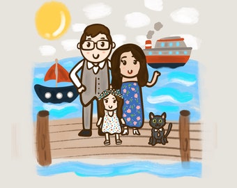 Personalized Family Portrait drawing illustration with the ocean
