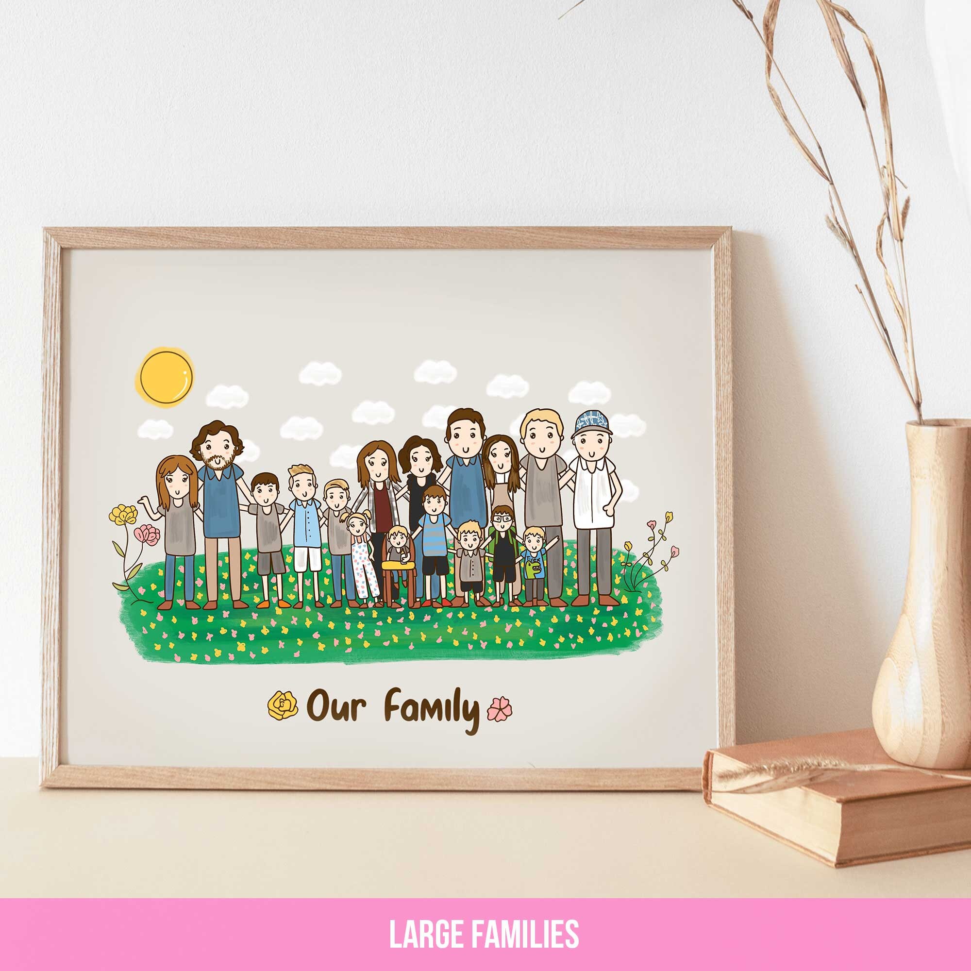 人気ブランド Family Cartoon Custom Cute Pets, With Illustration Portrait 絵画
