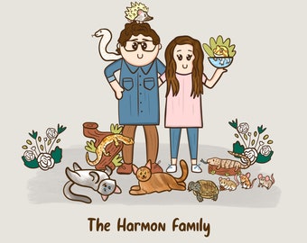 Family Portrait illustration with any kind of pet. Such as, Dogs, Cats, Hamster, Frogs, Guinnea Pigs or more.