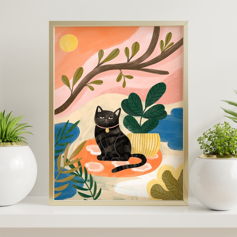 Colorful Black Cat Animal Print in the Jungle for instant download and digital printable image 1