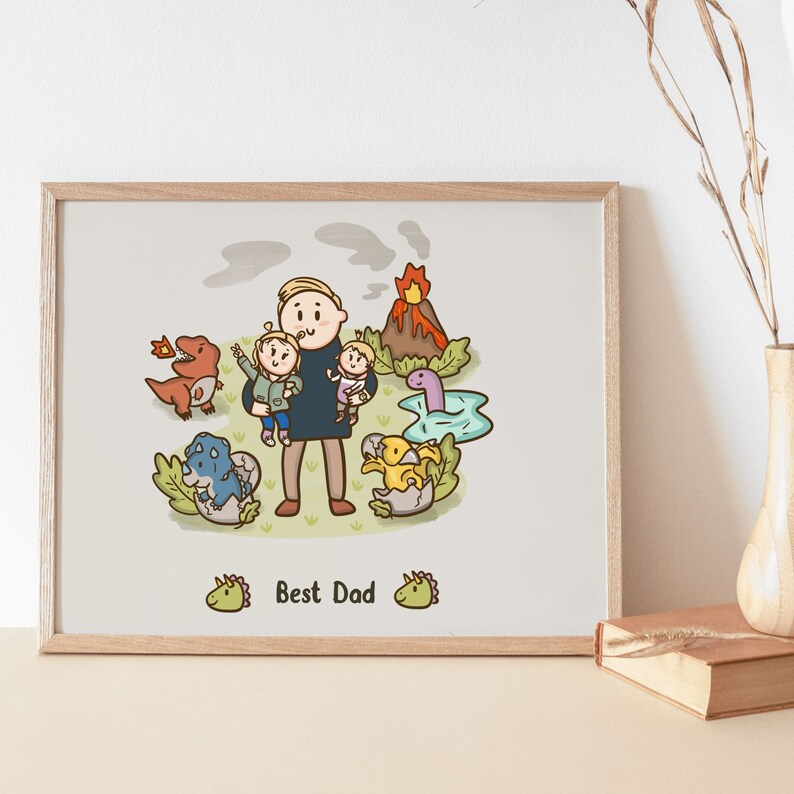 Custom Family Portrait Cartoon illustration for Dad with dinosaurs, Personalized Nursery Decor Drawing, Father's day Gift Idea image 1