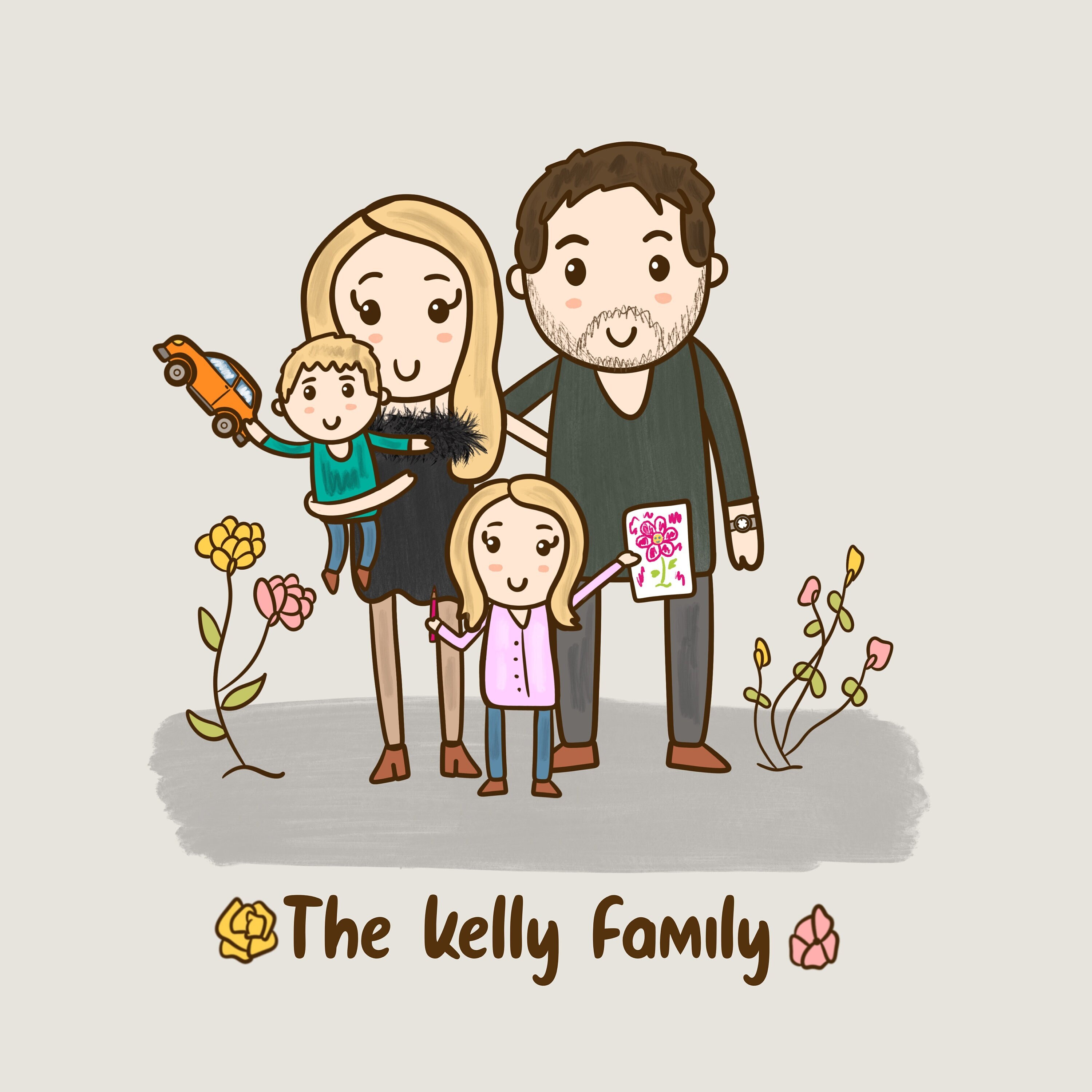 Family Portrait Illustration With Pets, Cute Custom Cartoon
