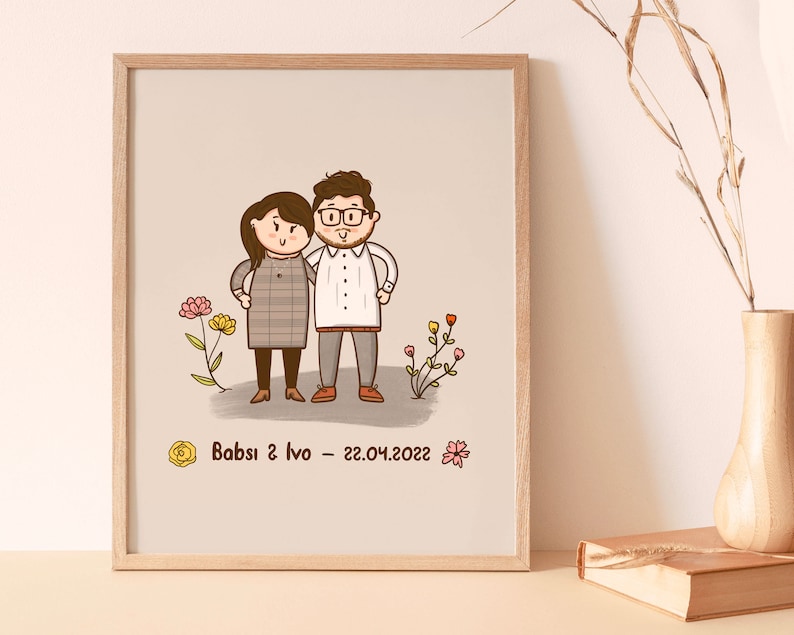 Illustration de portrait de famille avec animaux de compagnie, dessin animé personnalisé mignon, cadeau pour maman, cadeau personnalisé, portrait de couple, portrait à partir d'une photo image 7