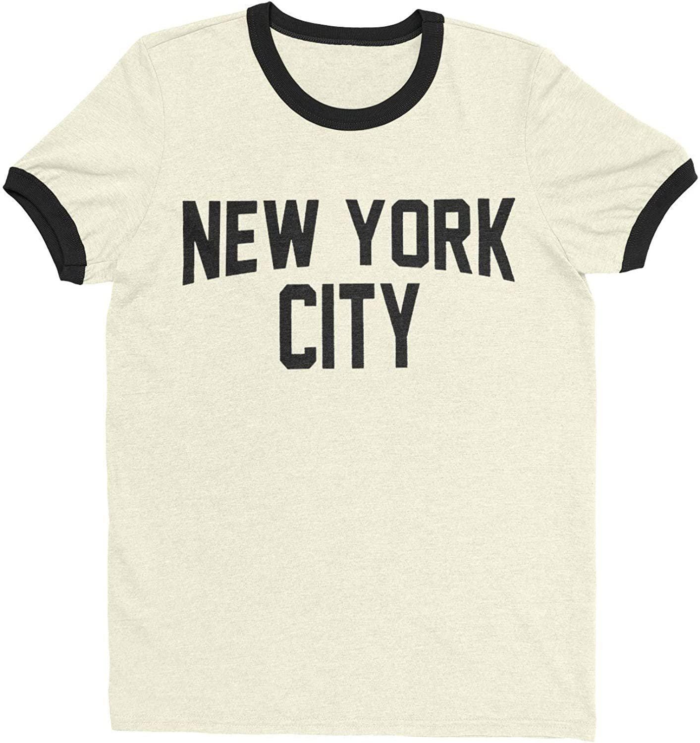 New York City Ringer Tee T-Shirt Retro Style Men's Shirt (Natural /Black, Regular)