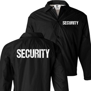 May include: Black nylon jacket with a white "SECURITY" text on the front and back. The jacket has a button closure and a stand-up collar.