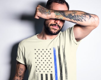 Camiseta Patriot de algodón hilado en anillo suave de primera calidad con la bandera de EE. UU., azul, ligera, con texto "Las vidas importan", policía estadounidense, fuerzas del orden, héroes, apoyo para hombres.