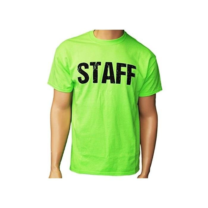 Neon Green Staff T shirt Front Back Print Mens Event Shirt Tee