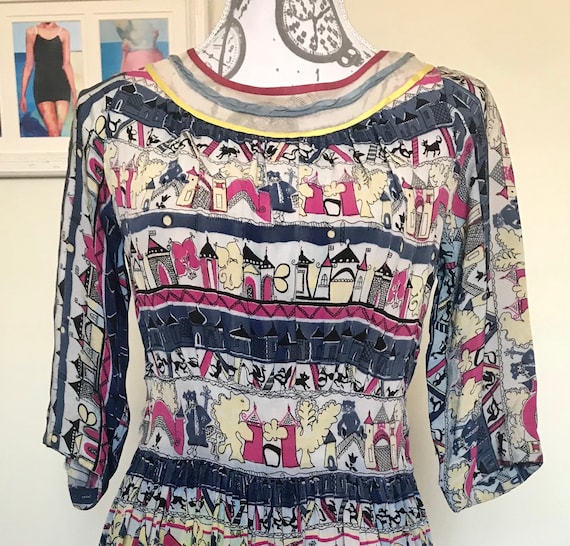 Vintage 1930s Novelty Print rayon day dress AS IS